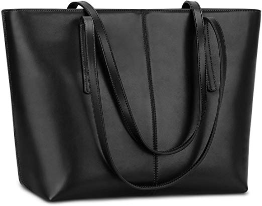 S-Zone Womens Soft Genuine Leather Tote Handle Shoulder Bag Fit 14 in Laptop, Large, Matte Black