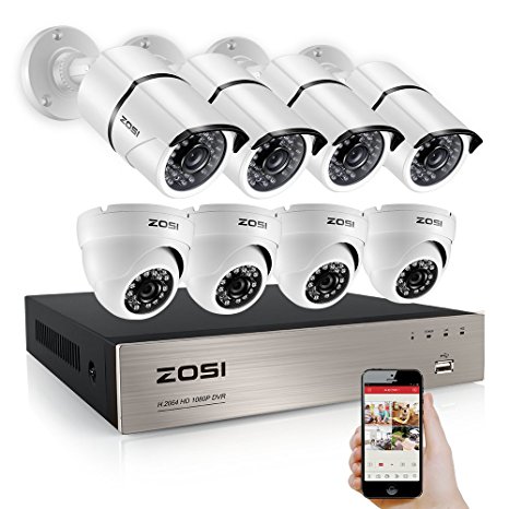 ZOSI 1080p 8-Channel Video Security System DVR With 8x 1080p Outdoor Indoor bullet/dome Surveillance Cameras No HDD White(36pcs IR leds,100ft(30m) IR night vision , Smartphone& PC Easy Remote Access)