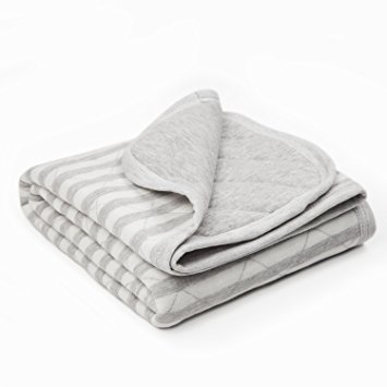 TILLYOU ALLERGY-FREE Quilted Thermal Baby Blanket Lightweight Toddler Blanket Unisex 39x39 Large, 100% Breathable Jersey Cotton, Super Soft and Warm Crib Blanket for All Seasons - Lt Gray Stripe