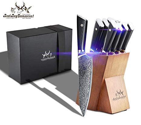 7 Piece Japanese Damascus Steel AUS10 Chef Knife Set with Sharpener Block Knife Sets High Carbon Core and 67 Layer Damascus Steel knives Set Razor Sharp Home and kitchen Chef Knifes 100% Prime Quality