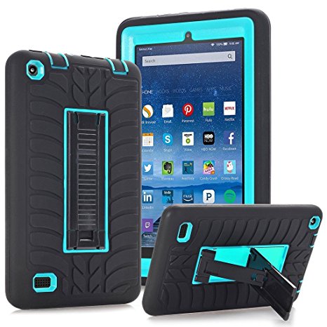 MouKou All New Fire HD 8 Case Premium High Impact Resistant Heavy Duty Armor Defender Case Cover with Build in Kickstand for All New Fire HD 8 2016 6th Release(Black with Blue)