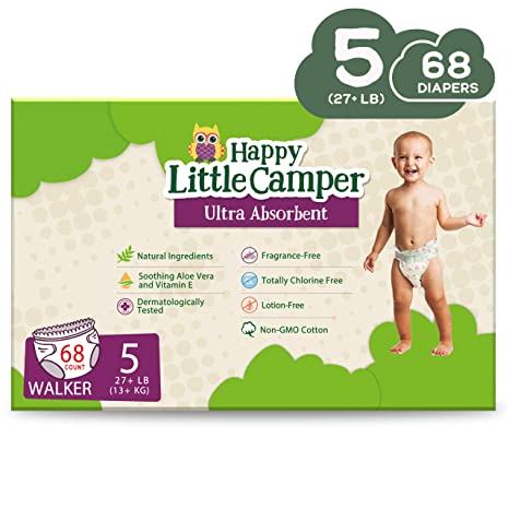 Happy Little Camper x Hilary Duff Ultra-Absorbent Hypoallergenic Natural Baby Diapers with Bio-Core Blend and Strong Latex and Chlorine-Free Protection, Size 5, 68 Count