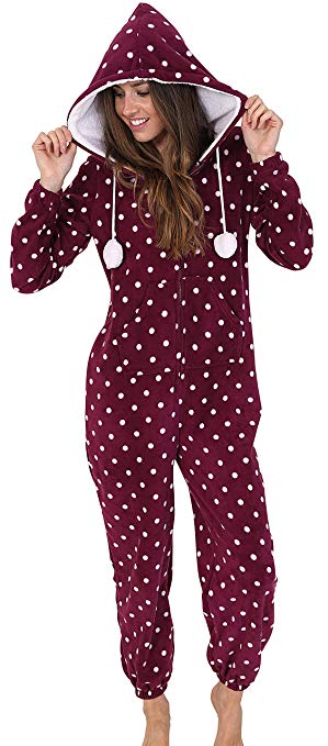 Limited Editon Soft and Cuddly Ladies, Girls Plum Spotted All-in-One Onesie with Sherpa Borg Hood Lining and Pom Pom Ties