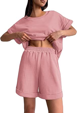 Ekouaer Shorts Pajama Set for Women Soft Casual Lounge Sets Short Sleeve 2 Piece Outfits with Pockets S-XXXL