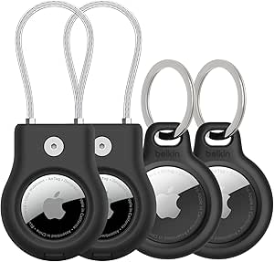 Belkin Apple AirTag Secure Holder w/Key Ring   Wire Cable, Scratch-Resistant Case with Open Face & Raised Edges - Protective AirTag Keychain Accessory for Keys, Pets, Luggage, & More - Black (4-Pack)