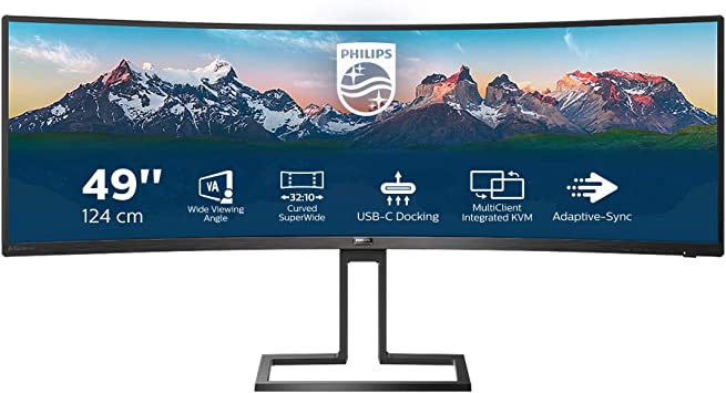 Philips 498P9-49 Inch DQHD Curved ultrawide Monitor, 70 Hz, 5ms, VA, Height Adjust, Speakers, KVM, MultiView, USB HUB (5120 x 1440, 450 cd/m², HDMI/DP/USB 3.2)