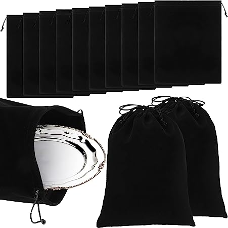 10 Pcs Silver Storage Bags, 9 x 11.8 Inch Anti Tarnish Storage Bag Fabric Cloth Bags for Silver Jewelry Silverware Protection Flatware Silverplate Tarnish Cleaning (Black)