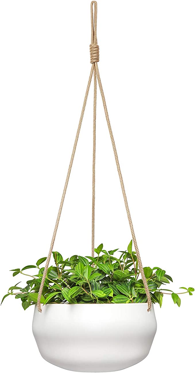 Mkono 8 Inch Ceramic Hanging Planter for Indoor Plants Modern Outdoor Porcelain Hanging Plant Holder Geometric Flower Pot with Polyester Rope Hanger for Herbs Ferns Ivy, White