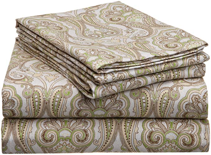 Pointehaven Heavy Weight Printed Flannel Sheet Set, Queen, Paisley Sage