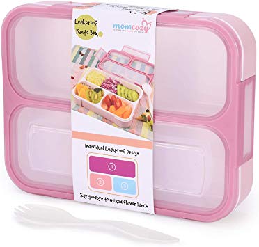 Bento Box for Kids & Adults Leak-Proof, Momcozy 3 Compartments Lunch Containers for Girls Women BPA-Free Microwave & Dishwasher Safe, Pink