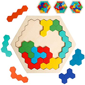 Wooden Hexagon Puzzle for Kid Adults Shape Block Tangram Brain Teaser Colorful Toy Geometry Logic IQ Game STEM Montessori Educational Gift for All Ages Challenge Children Kid Boys Girls