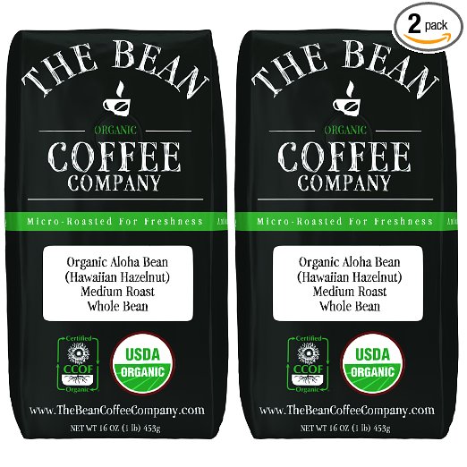 The Bean Coffee Company Organic Aloha Bean (Hawaiian Hazelnut), Medium Roast, Whole Bean, 16-Ounce Bags (Pack of 2)