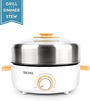 Aroma Housewares AMC-130 Whatever Pot, Indoor Grill, Cooking, Hot Pot with Glass Lid, Bamboo Handles, 2.5L, Stainless Steel/White