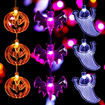 JOYLAMP Halloween String Lights,Set of 3 Halloween Lights 11.5 Feet Battery Powered 30LEDs Halloween Decorations Lights Indoor Outdoor - White Ghosts, Purple Bats, Orange Pumpkins