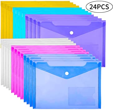 24 Pack Plastic Envelopes Poly Envelopes, US Letter A5 Size File Envelopes, Clear Document Folders with Label Pocket & Snap Button - 6 Assorted Colors