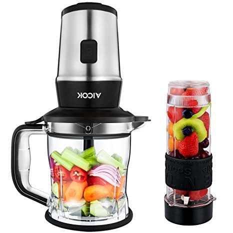 Aicok Personal Blender with Food Chopper, 700W Smoothie Maker with 570ml Sport Bottle and Travel Lid, Electric Chopper with 1.2L Chopper Bowl, Stainless Steel, Black