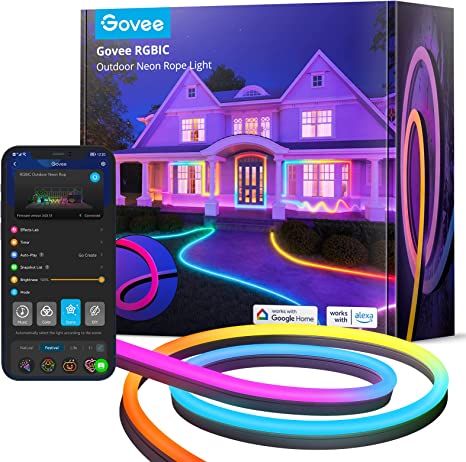 Govee Outdoor Neon Rope Lights, 32.8ft RGBIC IP67 Waterproof Neon Lights with 64  Scenes, Music Sync, Flexible LED Rope Lights for Yard Garden Patio, Works with Alexa, Google Assistant