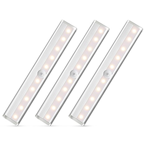 Nilight Motion Sensor Closet Lights 3PCS Cabinet Light DIY Stick-on Anywhere Portable 10LED Wireless Cabinet Night/Stairs Light Bar Safe Lights with Magnetic Strip-Warm White, 2 Years Warranty