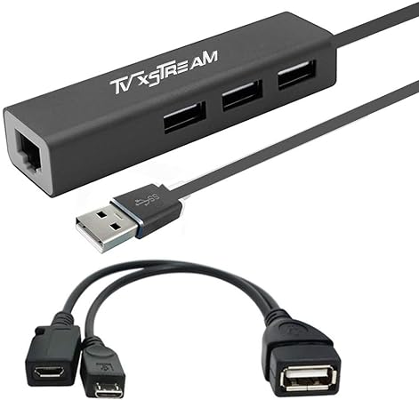 TV xStream LAN Ethernet Adapter with 3 USB Port Hub for TV Streaming Devices, Stick 2nd Gen, 3rd Gen 4K firestick, Plus USB OTG Y Adapter