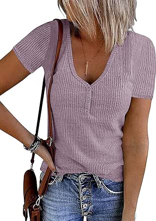 MEROKEETY Women's Short Sleeve V Neck Ribbed Knit Button T Shirts Henley Solid Color Summer Tops