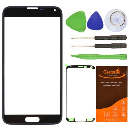 CrazyFire® Black New Front Outer Glass Lens Screen Replacement For Samsung Galaxy S5 SV G900 G900A G900P G900R4 G900T G900V Adhesive Tape Tools Kit