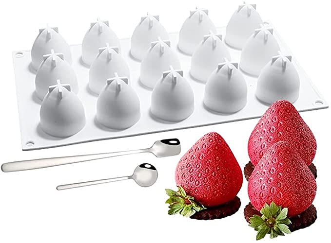 3D Creative Mini Strawberry shaped Silicone & 2 Dessert spoons,for Baking Mousse Cake Dessert Cup Topper Decoration Mold Chocolate Truffle Pastry Fruit Ice Cream Polymer Clay Soap；15 Cavity；D10