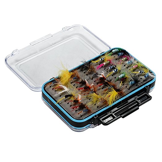 Isafish 64pcs Dry Flies Bass Salmon Trouts Flies Nymph and Streamer Fly Fishing flies Kit Waterproof Fly Box for Trout Fly Fishing Flies (same with picture)