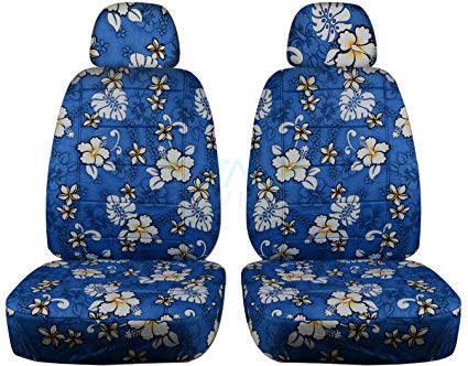 Hawaiian Print Car Seat Covers w 2 Separate Headrest Covers: Blue w Flowers - Universal Fit - Front - Buckets - Option for Airbag, Seat Belt, Armrest & Seat Release/Lever Compatible (4 Prints)