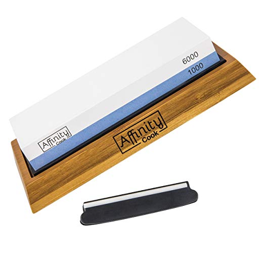 Professional Whetstone Knife Sharpener kit from Affinity Cook - a natural knife sharpening stone with 2 sided grit 1000/6000 - on an attractive non-slip bamboo base with bonus angle guide