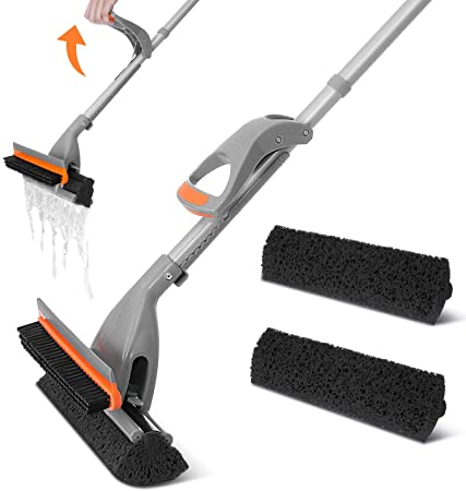 Baban Sponge Mop with Floor Brush and Squeegee, 34.6" Adjustable Length Mop, Strong Water Absorption, Easy to Dry, Squeeze Water by Hand, Equipped with a Spare Sponge