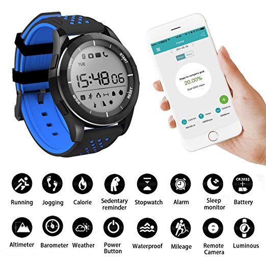F3 Wireless Smart Bracelet Waterproof IP68 Sport Watch Support Altimeter/Pedometer/Barometer/UV Display/Sleep Monitor/Remote Camera/Message Remind/Calorie Consumption for Android iOS iPhone (Blue)