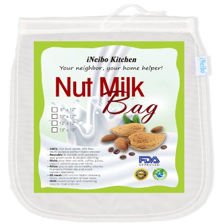 iNeibo Kitchen Mesh Nut Milk Bag - Reusable Ideal Food Mesh Strainer For Almond Milk, Cold Brew Coffee, Yogurt, All Purpose Green Juice Filter (10"x12")