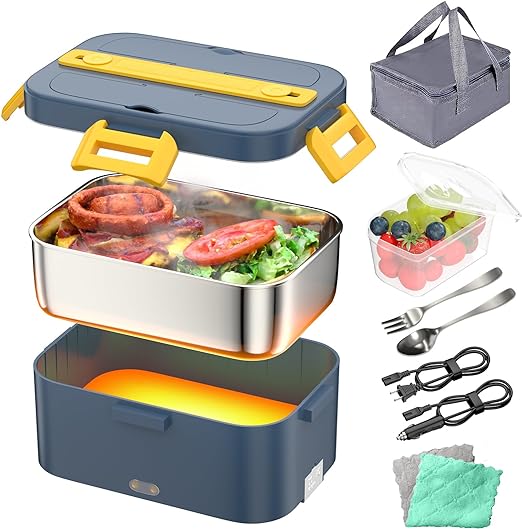 Electric Lunch Box Food Heater - Portable Lunch Warmer Upgraded Leakproof Heated Lunch Box for Car/Truck/Office with fork & Spoon and Insulated Carry Bag, lunch box support 12/24/110V(75W)