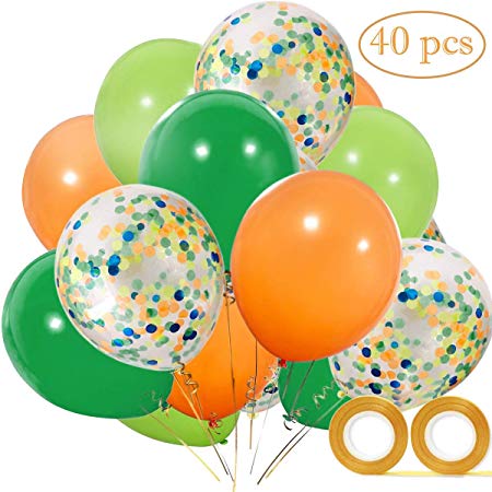 Dinosaur Party Balloons 40 Pack, 12 Inch Orange Light Blue Fruit Green Latex Balloons & Confetti Balloon for Baby Shower Dino Jungle Jurassic Birthday Party Decorations Supplies, 2 Gold Ribbons