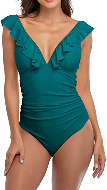 SOCIALA Ruffle One Piece Swimsuits for Women V Neck Ruched Monokini Bathing Suits