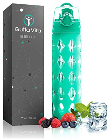 Gutta Vita 20 oz Glass Water Bottle Fruit Infuser with Silicone Sleeve - Best for Yoga Gym Hiking or Sports - BPA Free Borosilicate Glass - Portable Detox Bottle with Leak Proof Flip Top