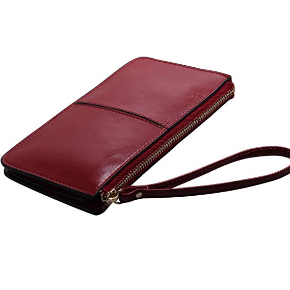 KKMO Woman Girl Zipper Wallet Soft Genuine Long Leather Case Credit Card Holder/Cash pocket for iPhone 6 6S 7 8 Plus Galaxy S6 S7 edge Note 3 4 5, Nexus 6, LG G4 G5 HTC M9 (Wine Red)