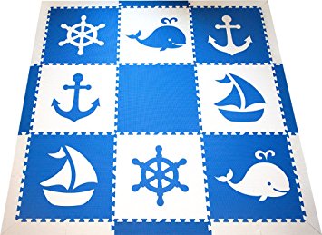 SoftTiles Kids Interlocking Foam Playmat With Sloped Edge Pieces- Nautical Ocean Theme - Large 2' Floor Tiles for Playrooms and Baby Nursery (6.5' x 6.5')- Blue and White SCNAUBW