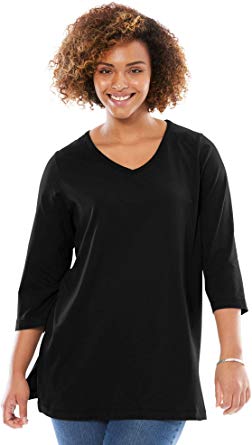 Woman Within Women's Plus Size Perfect V-Neck Three-Quarter Sleeve Tunic