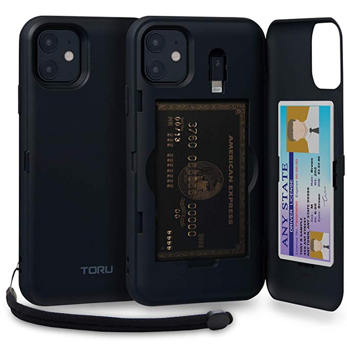 TORU CX PRO iPhone 11 Case Wallet Black with Hidden Credit Card Holder ID Slot Hard Cover, Strap, Mirror & Lightning Adapter for Apple iPhone 11 (2019) - Matte Black