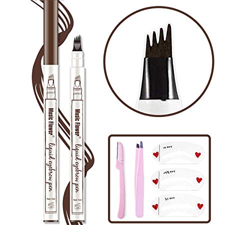 Eyebrow Tattoo Pen,Microblading Eyebrow Pen Microblade Eyebrow Pencil Waterproof & Smudge-Proof With Four Micro-Fork Tips Applicator for Daily Natural Eye Makeup (02# Brown)