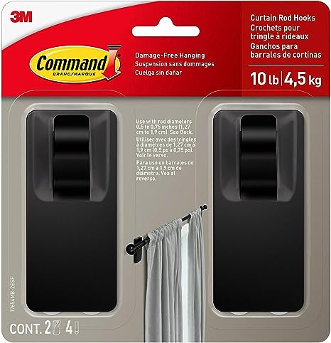 Command Matte Black Curtain Rod Hooks with Command Strips, Hang Curtain Rods No Drilling, Holds up to 10 lbs