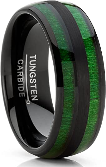Metal Masters Co. Men's Tungsten Carbide Ring Dome Green Jade Wood Inlay Wedding Band Black 8MM