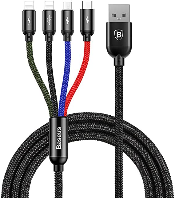Baseus Multi Charger USB Data Cable iP&Micro USB&Type-C 4in1Charging Cable 3.5A Fast Charging Data Cables (4ft/1.2M - 4in1 Multi-coloured)