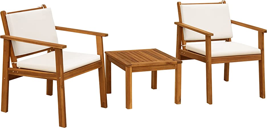 Flamaker Patio Chairs 3 Piece Acacia Wood Patio Furniture with Coffee Table & Cushions Outdoor Conversation Set Balcony Chairs for Porch, Deck, Backyard