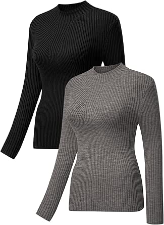 EVALESS 2 Pack Sweaters for Women Fall Crewneck Long Sleeve Sweater Casual Slim Fit Rib Knit Basic Shirts Base Layer Tops