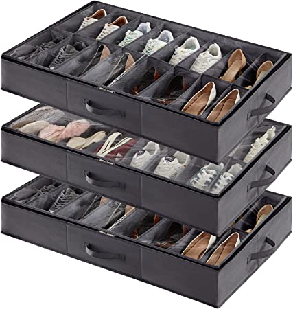 Lifewit Under Bed Shoe Storage Organizer Set of 3, Each Fit 16 Pairs of Shoes, Foldable Shoe Rack Organizer Container with Reinforced Handle and Clear Cover for Women's and Men's Shoes