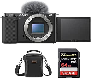 Sony ZV-E10 APS-C Mirrorless Interchangeable Lens Vlogging Camera, Black - Bundle with PRO 64GB UHS-I U3 SDXC Memory Card, 120 Multi-Device Shoulder Bag