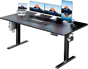 HUANUO 63" x 28" Electric Standing Desk Adjustable Height, 4 Memory Height Settings, Headphone Hook, Cable Manager, Sit Stand Up Desk for Home Office & Computer Workstation, Black