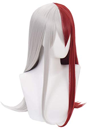 Topcosplay Todoroki Wig Female Long Bangs Cosplay Halloween Costume Wigs Red and Silver Wig